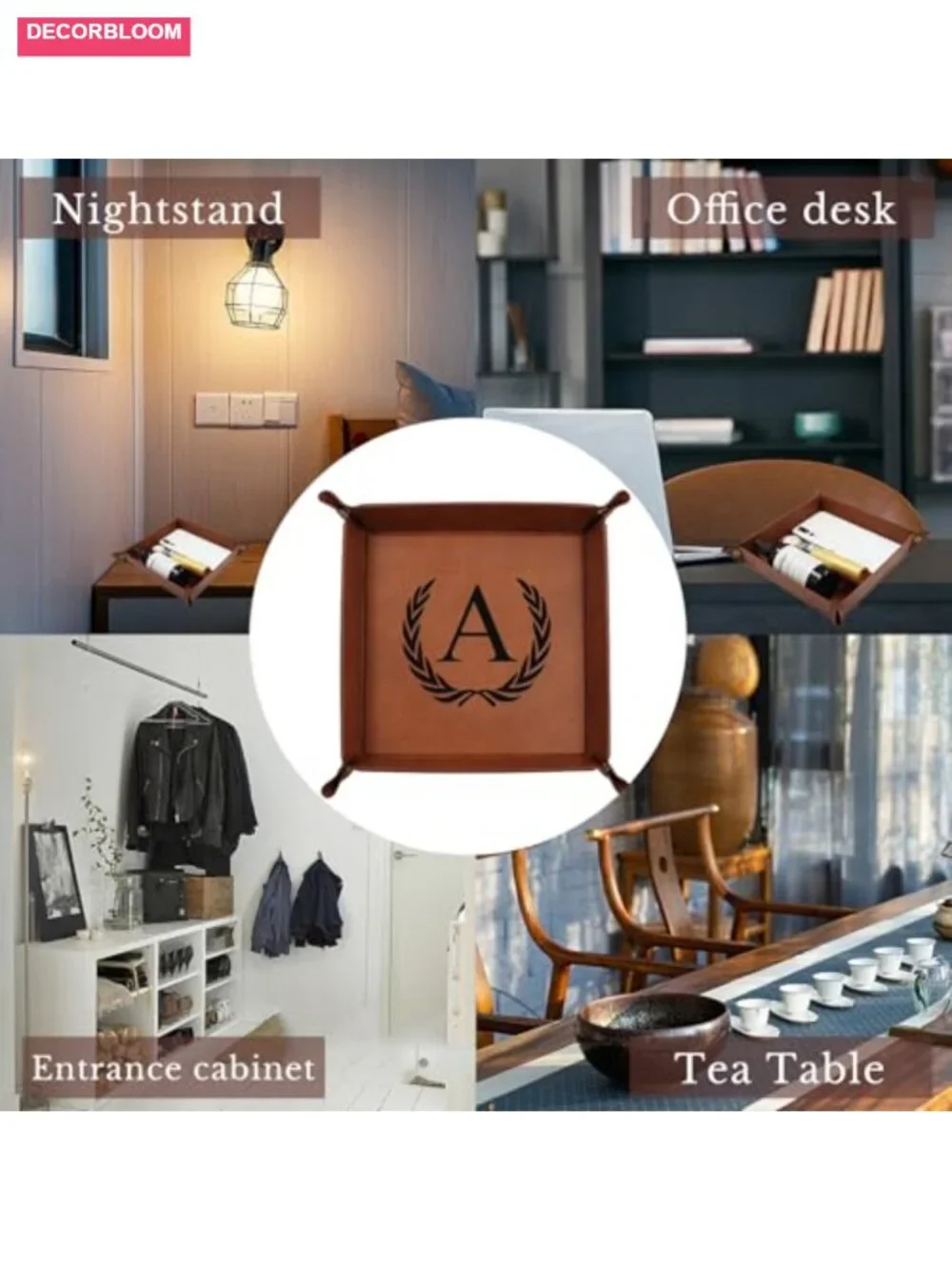 Personalized PU Leather Valet Tray - Laser Engraved Initials Key & Watch
